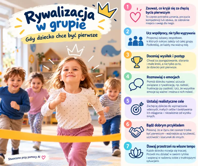 Roześmiane dzieci biegną w wyścigu w przedszkolnej sali, dziewczynka na przedzie